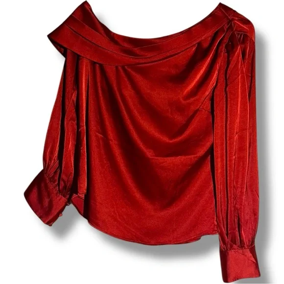 Express NWT Chic Scarlet Asymmetrical Long Sleeve Silky Cowl Neck Women's Blouse - Picture 15 of 16